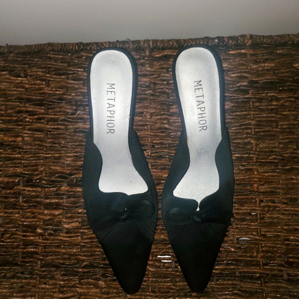 Metaphor Black Mules Sleek Satin Kitten Heel